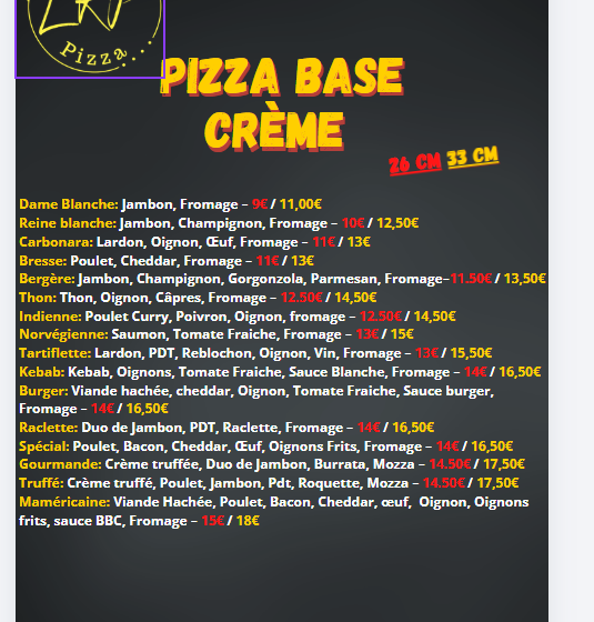 carte pizza crème